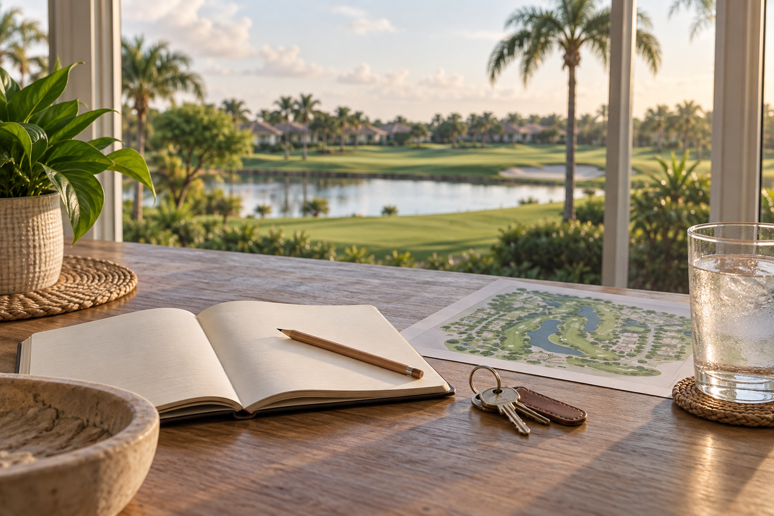 Illustrative buyer notes and keys beside a South Florida fairway