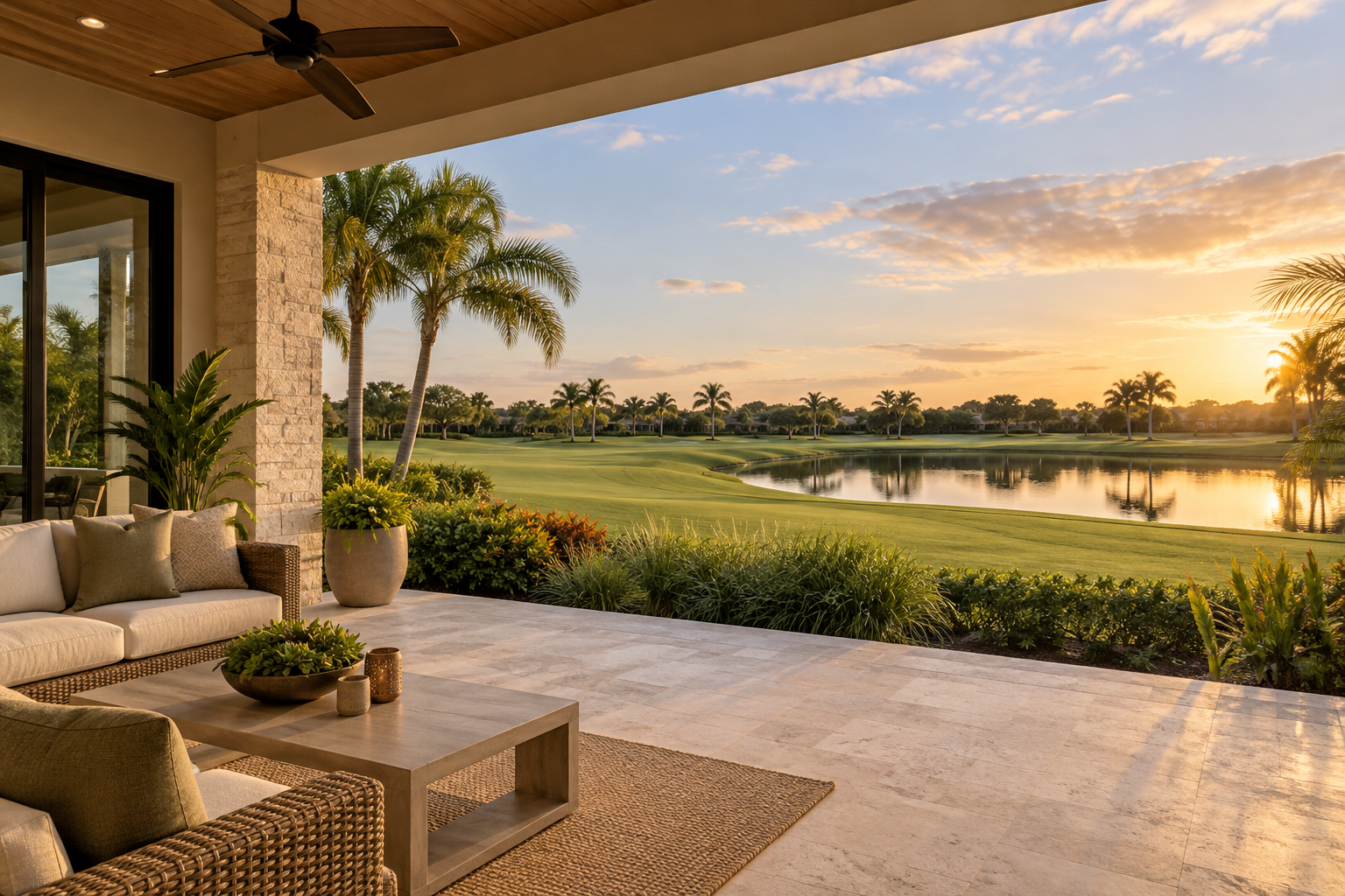 Illustrative patio overlooking a golf course and water